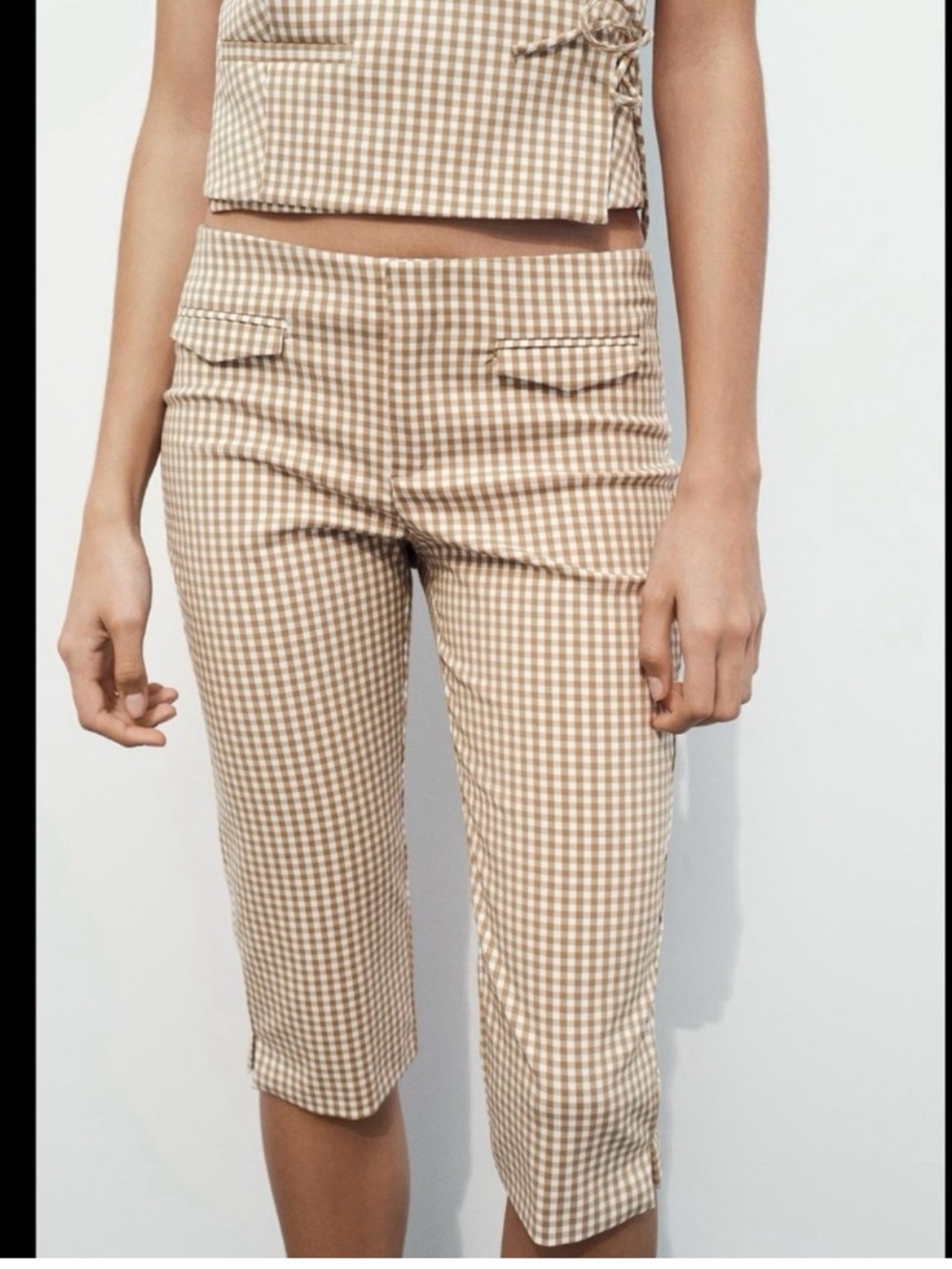 ZARA Gingham Cropped Pants - Beige